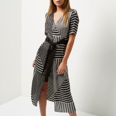 Black striped tie waist midi dress